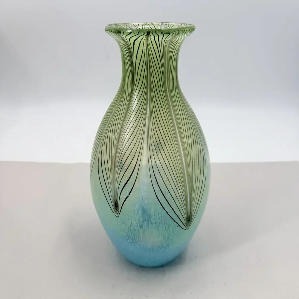 Boho Blue Green Pulled Feather Murano Style Art Glass Vase Hand Blown 12.75